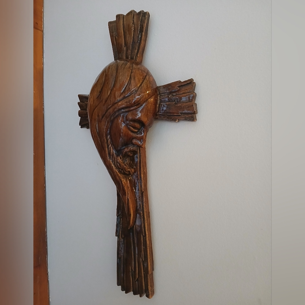 Vtg 19" Handmade Pottery Clay Cross w/ Side Profile of Jesus - Picture 3 of 16